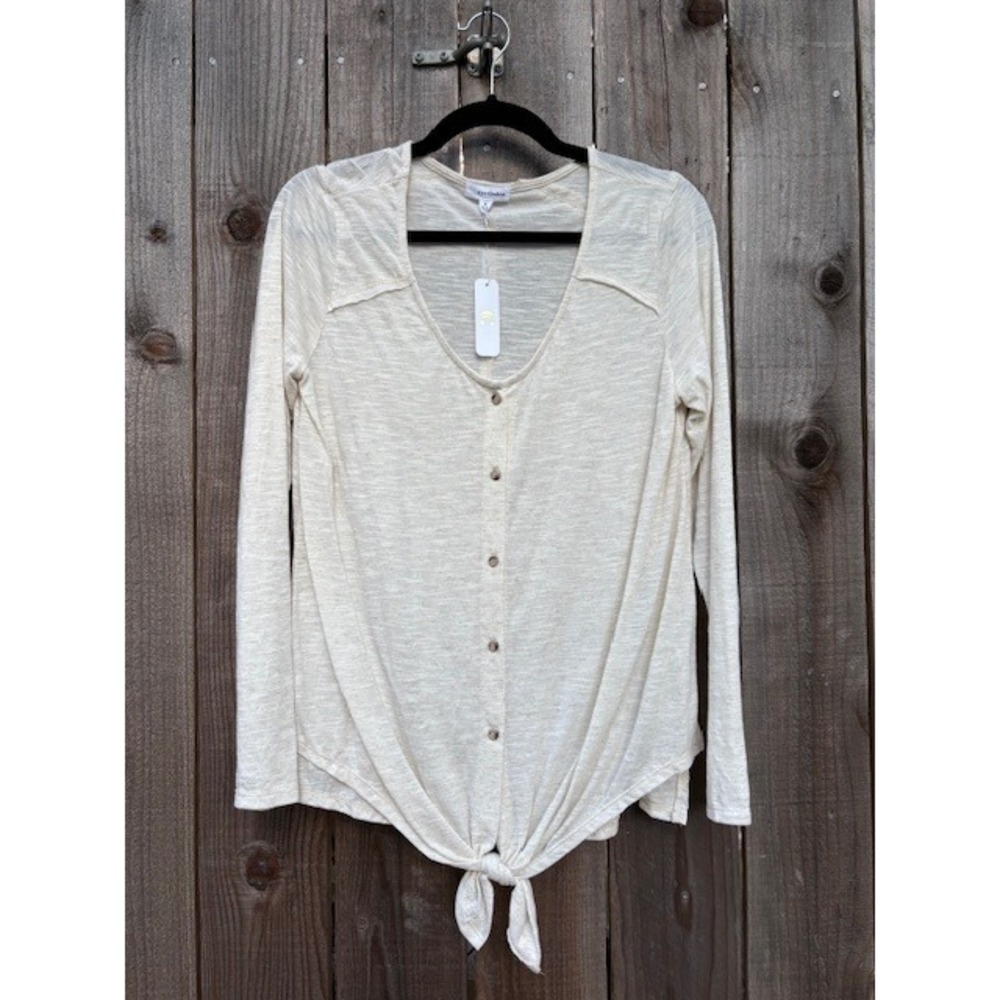 Eyeshadow Women's Button Up Tie Front Long Sleeve Top -‎ Beige, Medium